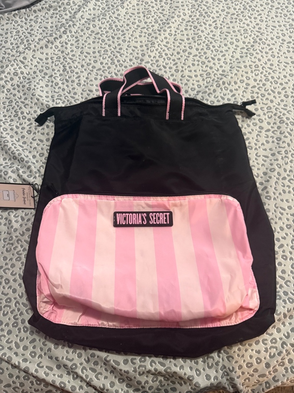 Victoria's Secret Black Backpack with Pink Stripe Front Pocket Panel